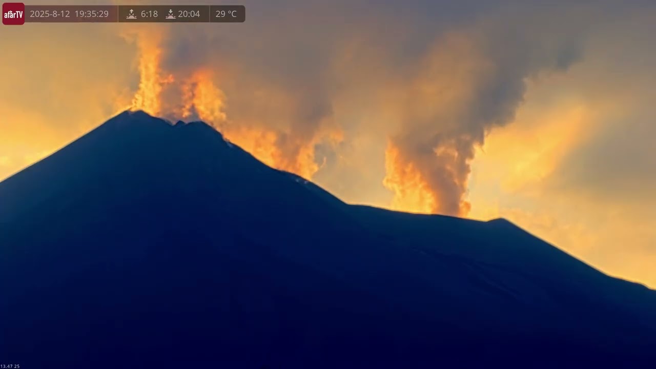 Aug 12, 2025: Mount Etna Timelapse – Three Cones Degassing at Sunset
