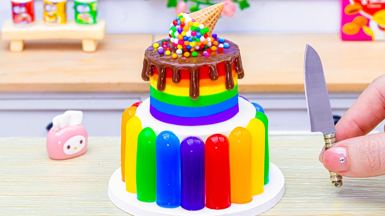 Amazing Miniature Rainbow Jelly Choco Drip Icecream Decorating 🌈 Tiny Rainbow Cake By DIY Cakes