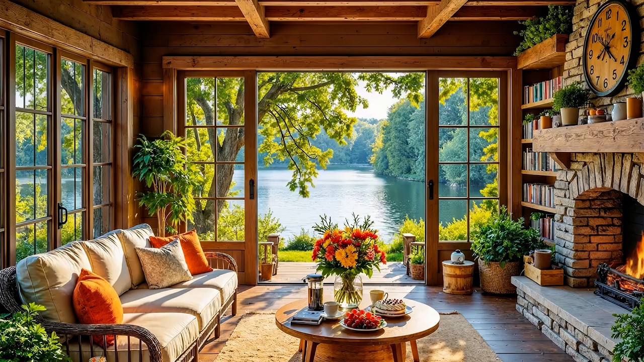 Beautiful Spring Ambience with Fireplace 🌸 Soft Piano Music - Music for Study, Stress Relief