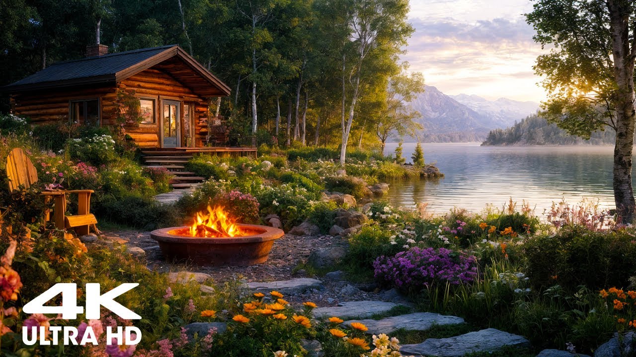 Relaxing Waterfront Cabin Retreat | Gentle Fire, Birdsong & Nature Sounds for Sleep & Stress Relief