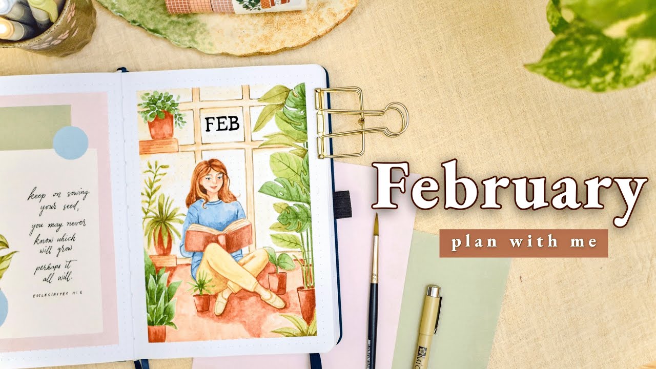 February 2024 Bullet Journal Setup • PLAN WITH ME 🪴 Cozy Botanical / Plant  Monthly BuJo Theme