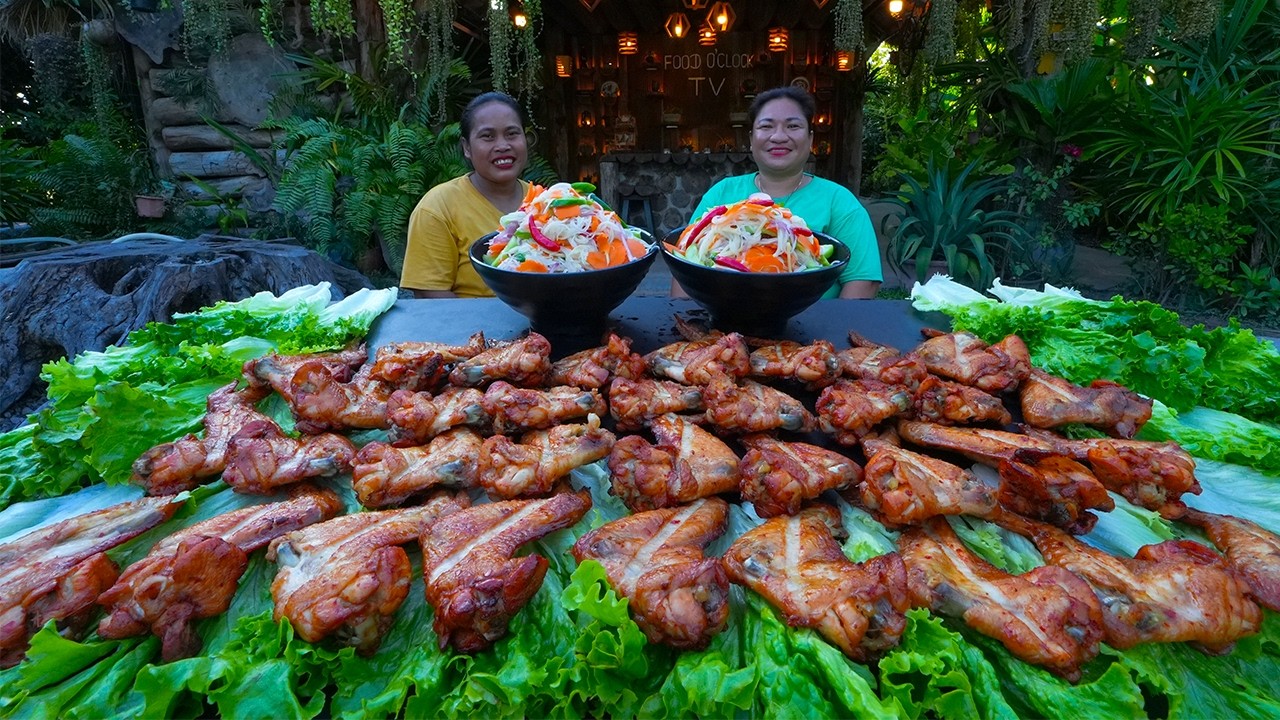 Market Show Buying and Cooking: Grilled Chicken Wings Recipe Eating with Mixed Vegetable Pickled