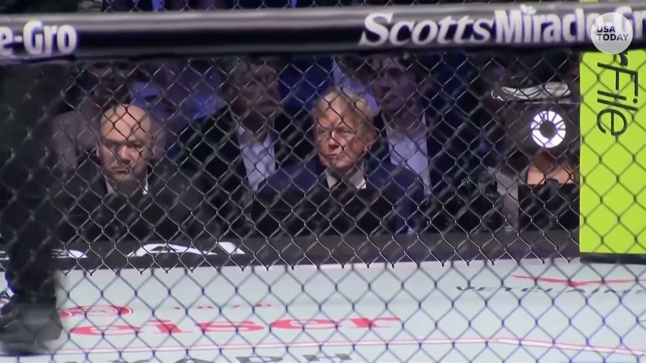 На турнире UFC Freedom 250 Трамп смотрит, как Бо Никал побеждает Кайла Докоса техническим нокауто...