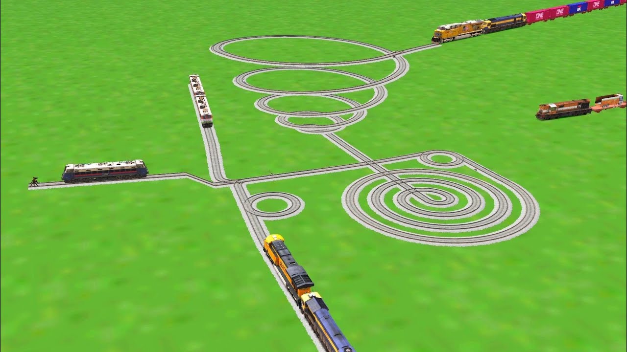 🥥 FIVE TRAINS FACE TO FACE SAME TRACK ZIG ZAG AROUND CIRCLE 🍇 RAILROAD RAILWORK BEANG DRIVE 