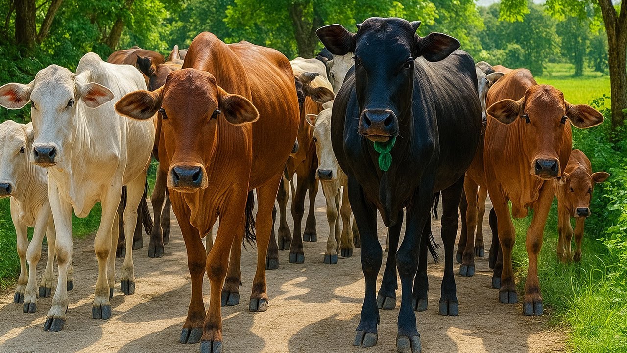 Aktivitas Sapi Lucu Berjalan menuju ladang rumput hijau, Suara Sapi Moo, Sapi gemuk dan sehat