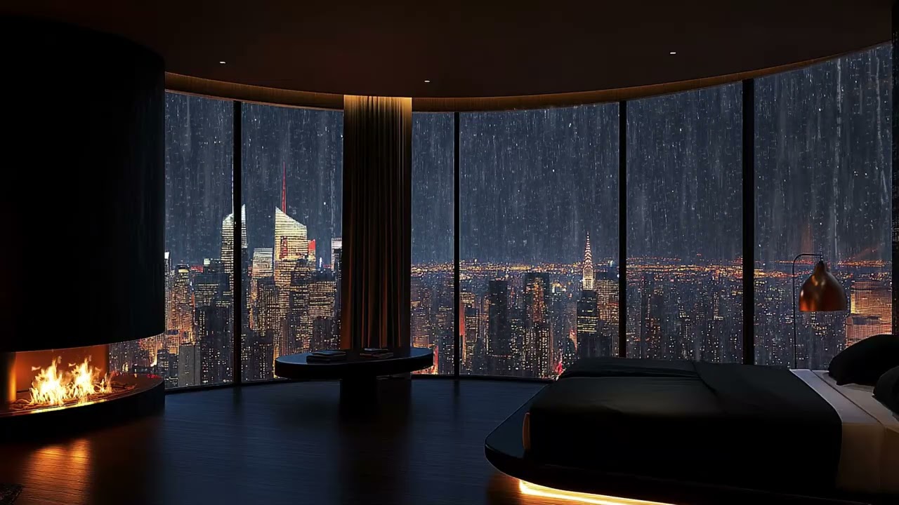 Relaxing Rainy City Night with Fireplace Sounds for Deep Sleep and Calm Mind