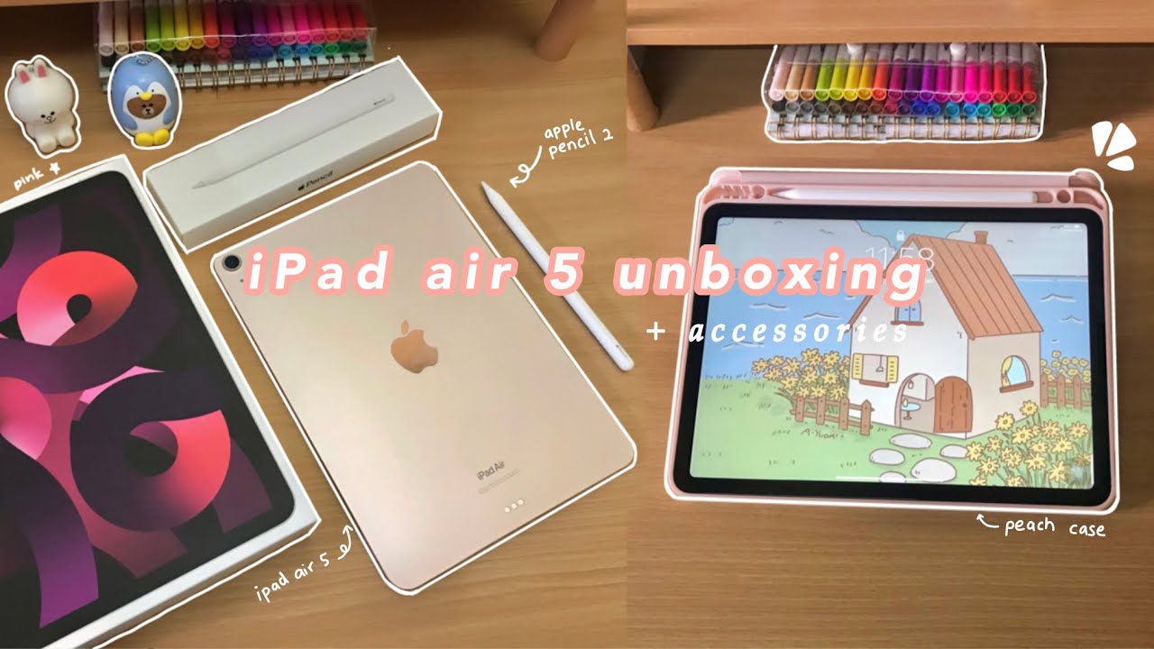 ipad air 5 (pink) 🍎 unboxing + apple pencil 2 + accessories 📦🐰