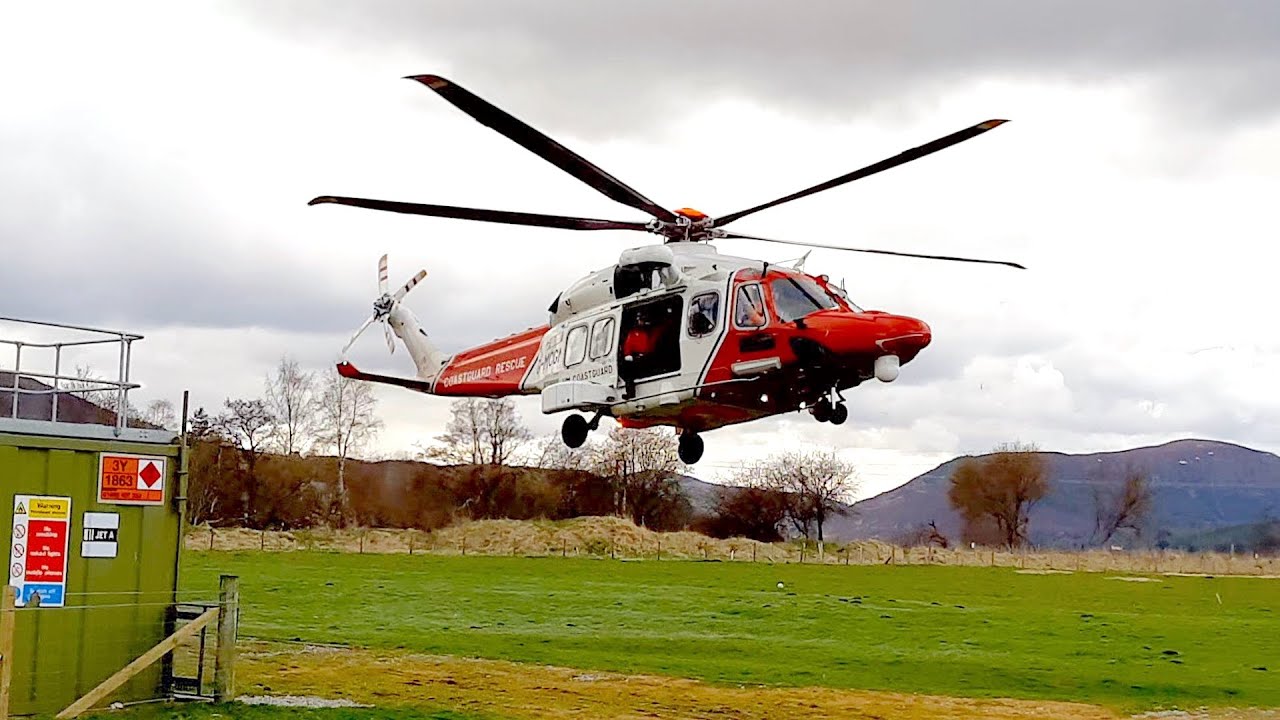 HM Coastguard AugustaWestland A189 helicopter at refueling base in the Cairngorms, Scotland May 2020