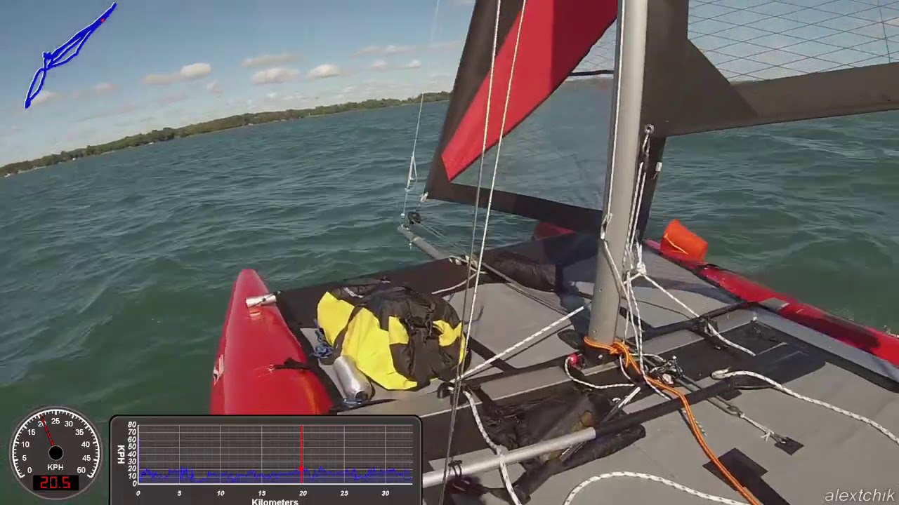 Speed sailing 25 km/h,  HappyCat Evo catamaran on lake Simcoe, Ontario, Canada