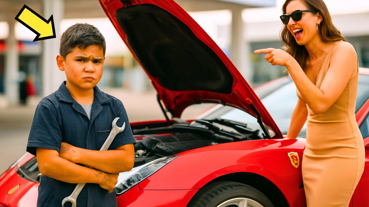 ضحكت على الفتى الميكانيكي… لكنه أنقذ الموقف بإصلاح سيارة فيراري الخاصة بها في الشارع
