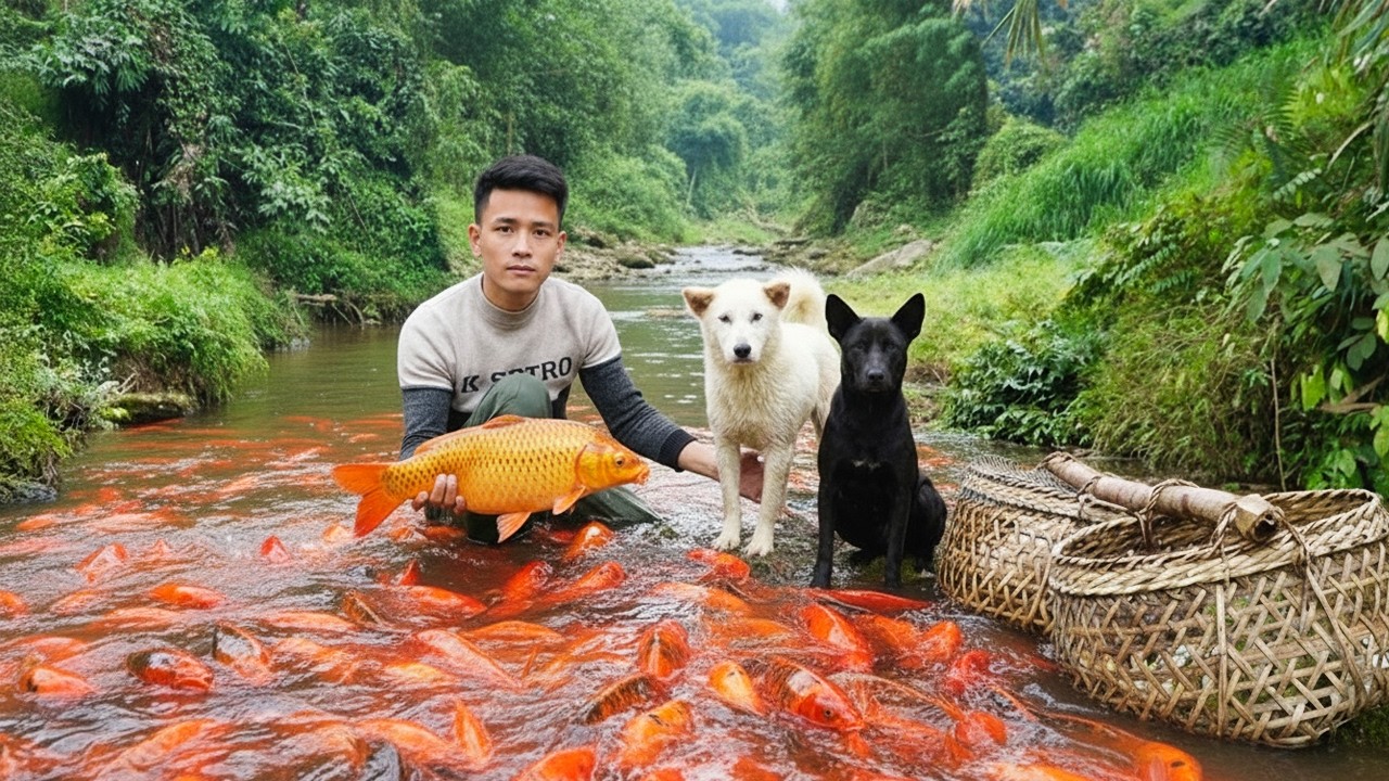 Catching 1000+ Giant Wild Fish in a Remote Forest Stream, Fresh and Abundant! - CEO with Tom & Lu