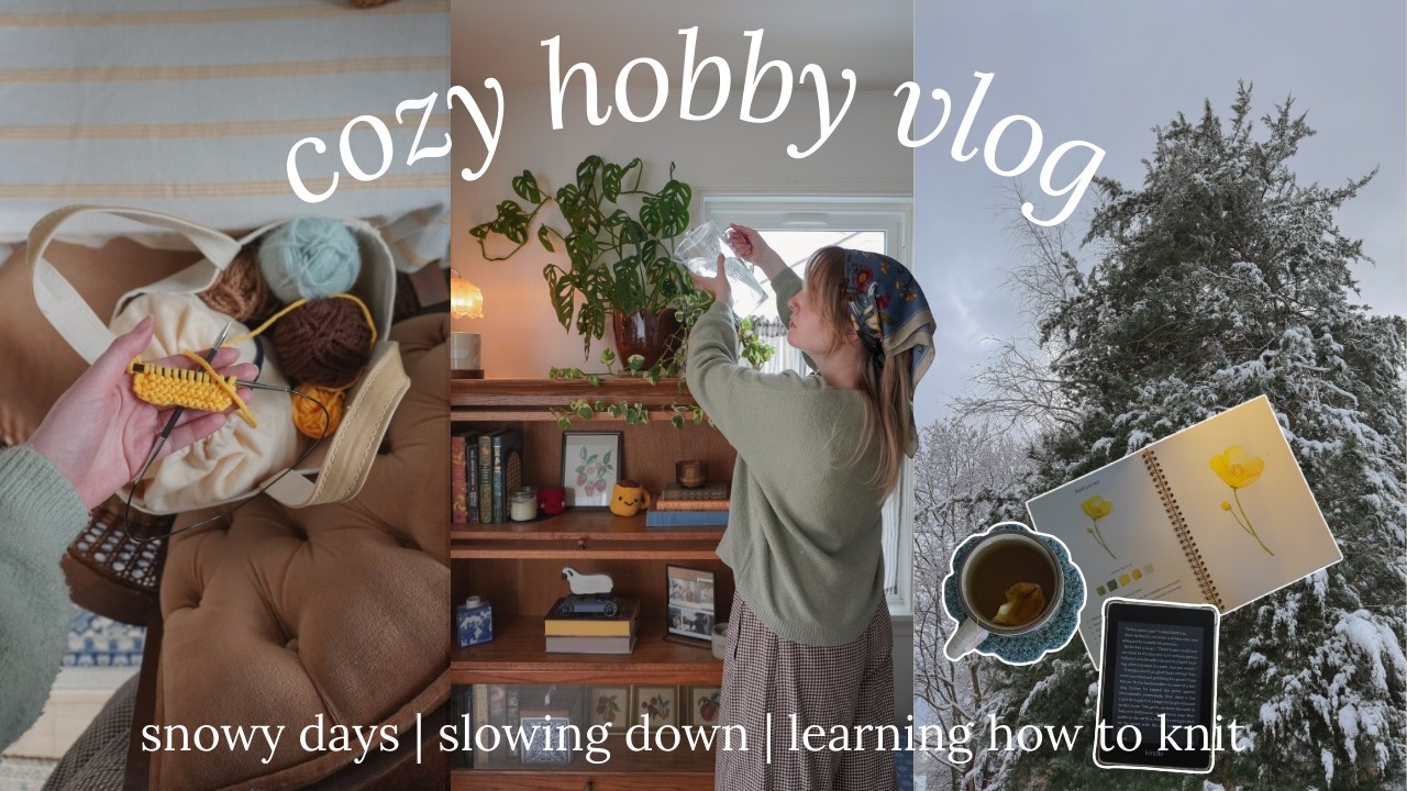 a cozy hobby vlog | snowed in with my cozy hobbies & learning how to knit 📚🌿