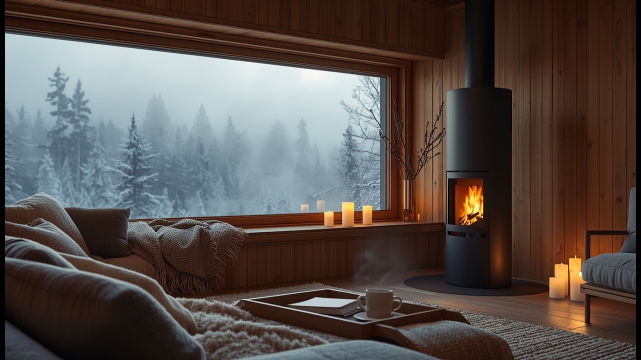 Snowy On Window & Fireplace Crackles in Cozy Living Room Ambience ❄️Gentle Piano for Calm and Relax