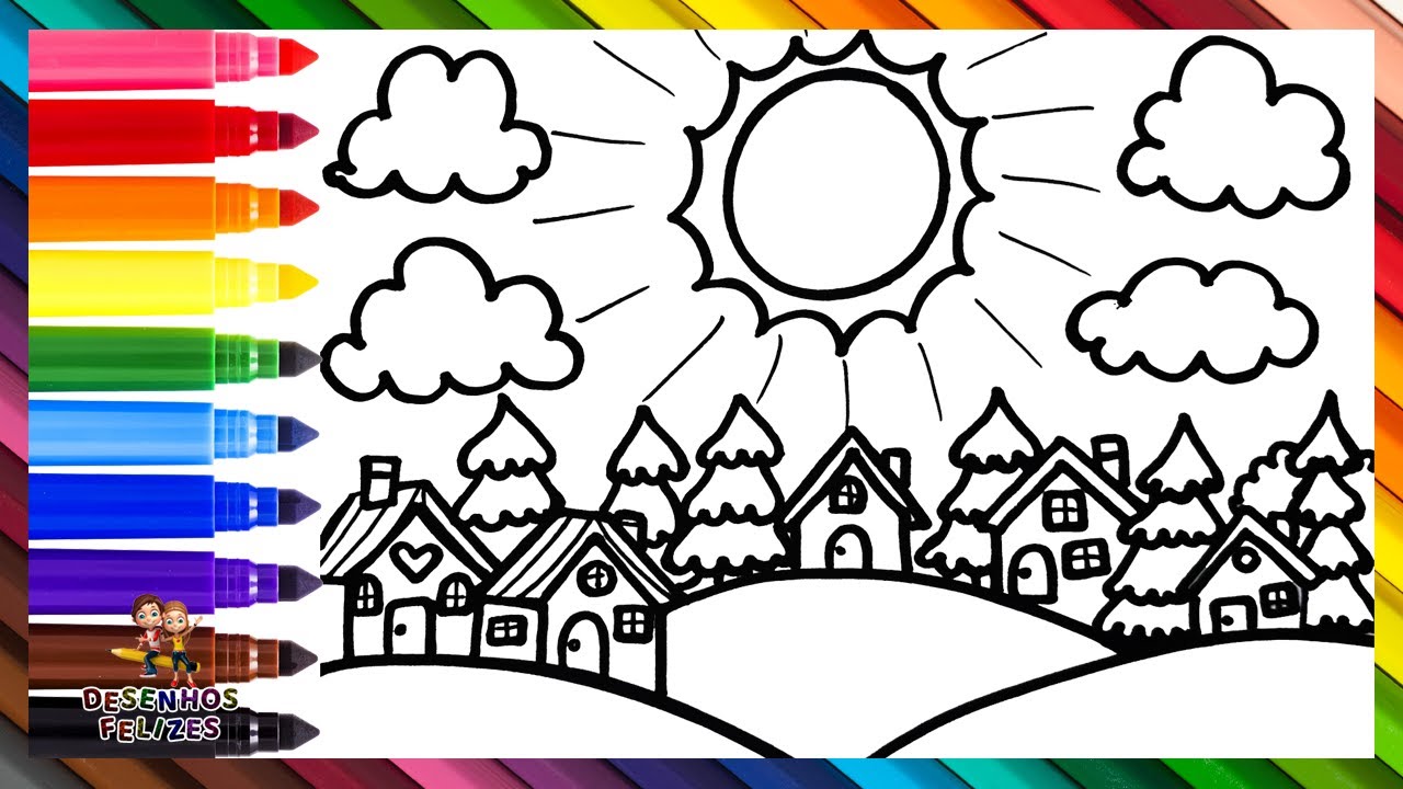 Desenhar E Colorir Uma Paisagem De Vila 🏠🌲🌄🌈 Desenhos Para Crian&ccedil;as