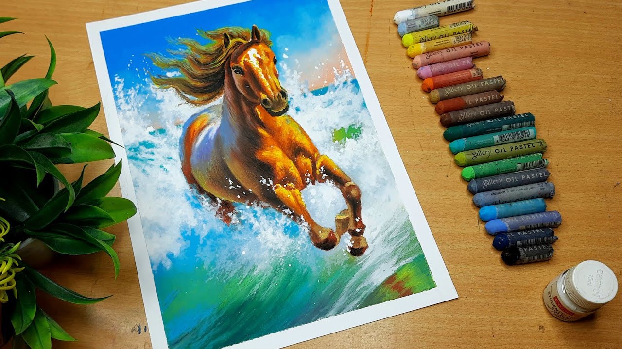 Brown Horse and Sea shore - Drawing with Oil pastel | Realistic oil pastel drawing | Canvas Art