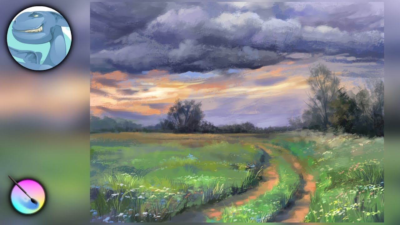 Clouds. Krita landscape digital painting. Time lapse video.
