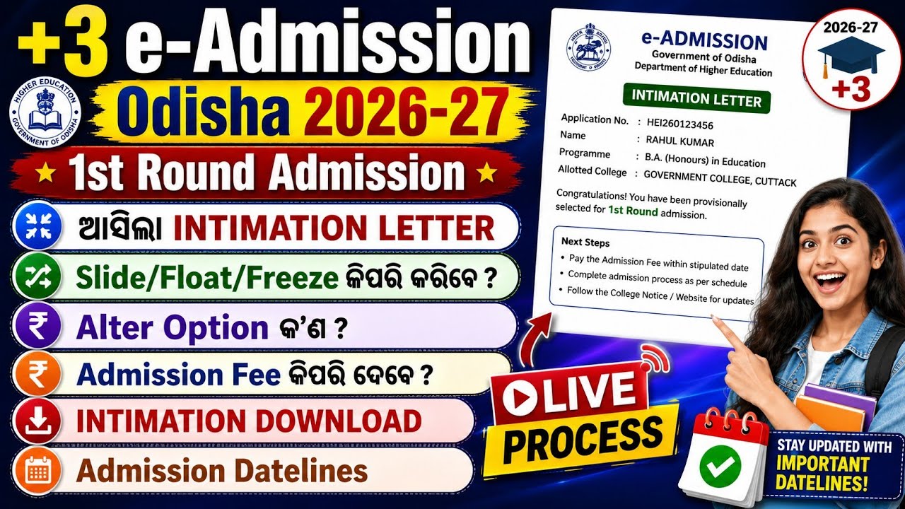 +3 Admission 2026 , Download Intimation, Slide , Float, Freeze, Alter, Pay Admission Fee, Datelines 