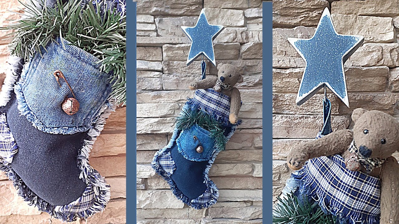 Denim Christmas stocking & wooden star. Рождественский сапожок и деревянная звезда