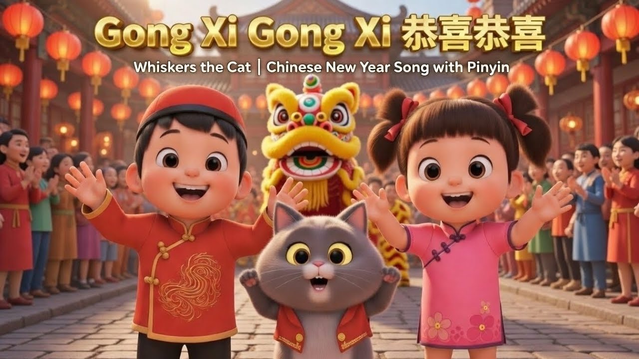 Gong Xi Gong Xi 恭喜恭喜 Song with Pinyin & Whiskers the Cat | Chinese New Year 新年快樂