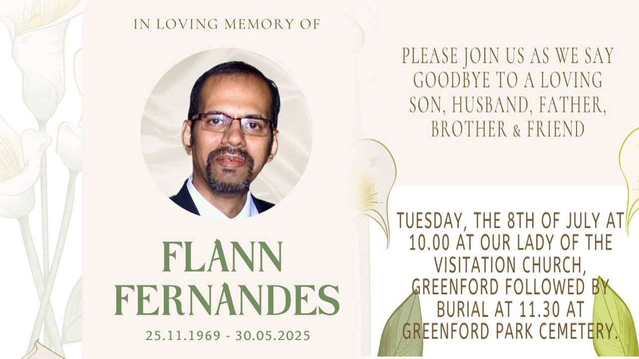 Funeral of Flann Fernandes | 10.00am 08-07-25 | Our Lady of Visitation Church, Greenford, UK