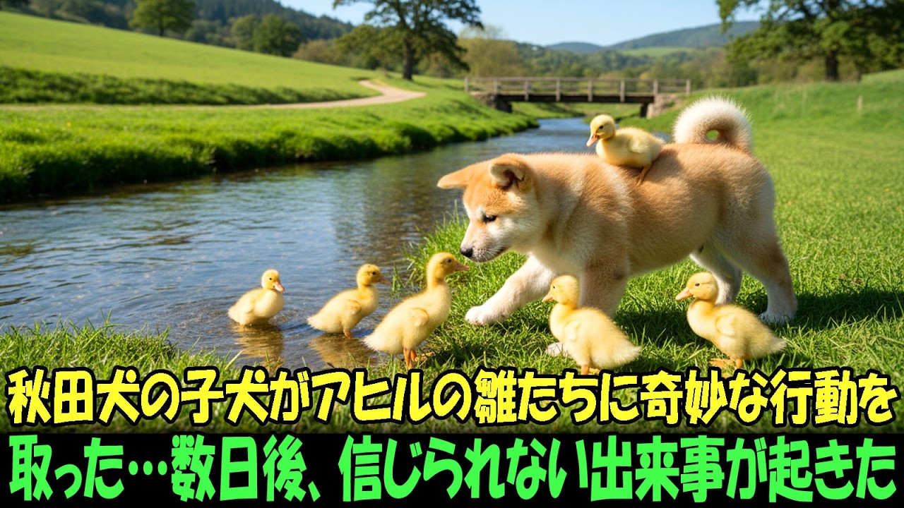 【奇跡の実話】秋田犬の子犬がアヒルの雛たちに奇妙な行動を取った…。数日後、信じられない出来事が起きた！