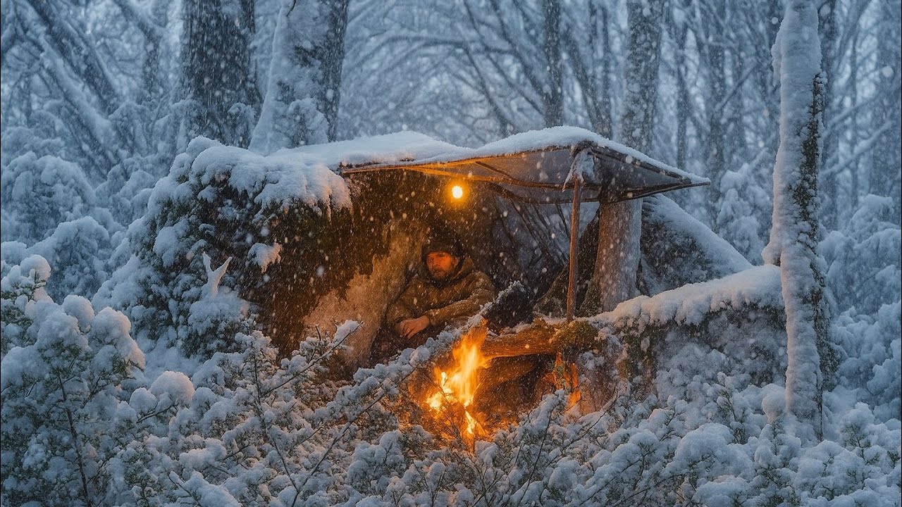 3 Days Solo Camping in Snowstorm &ndash; Survival Shelter, Wooden Bed, Fire, No Gear, Day 3 Without Food