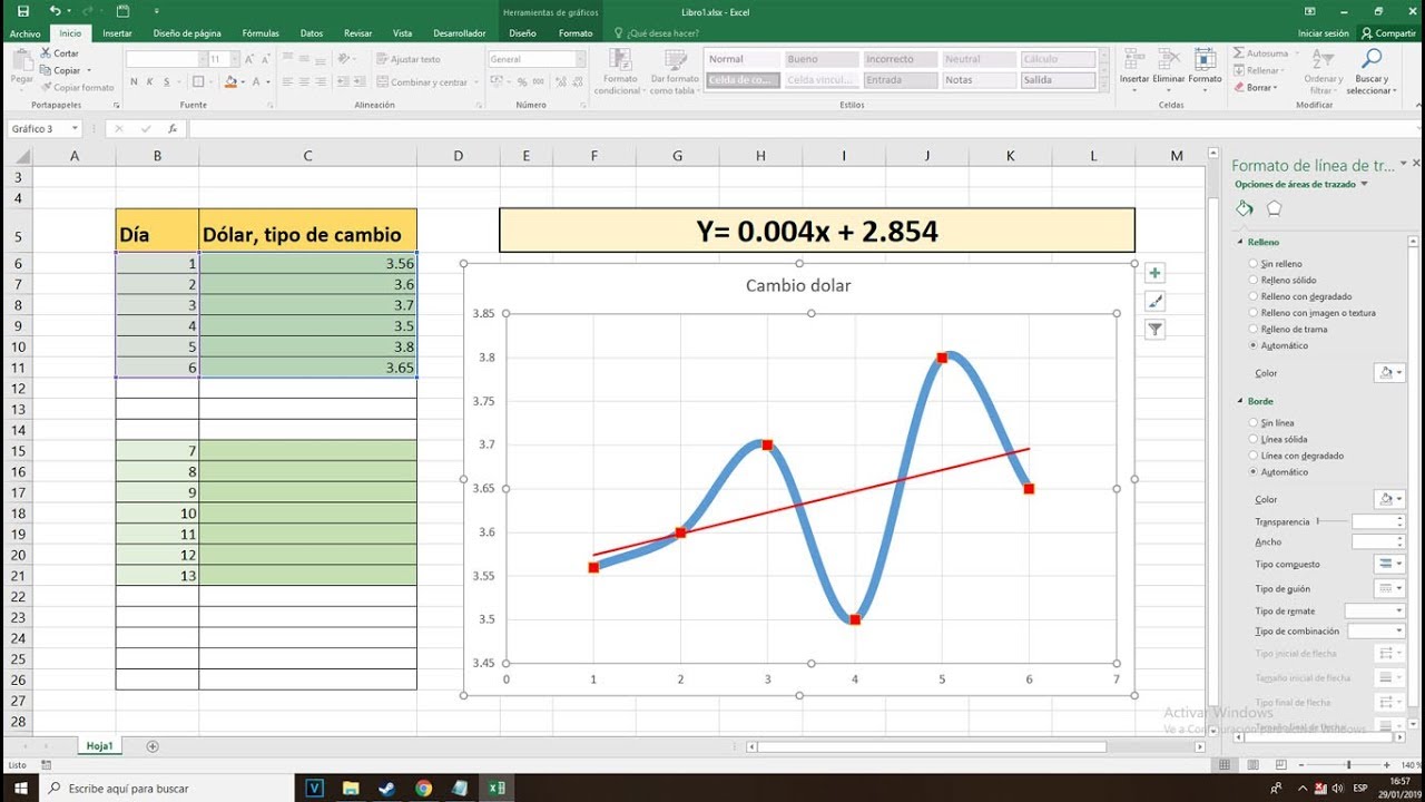 Gráficos avanzados lineas en Excel 2019 (Curva, linea de tendencia, ecuación de la recta)
