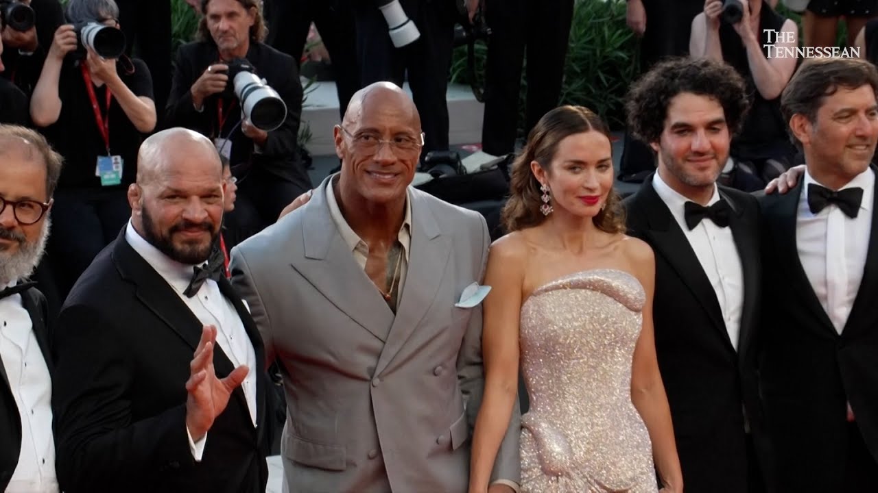 Dwayne Johnson, Emily Blunt & Benny Safdie on 'The Smashing Machine' at Venice premiere, red carpet