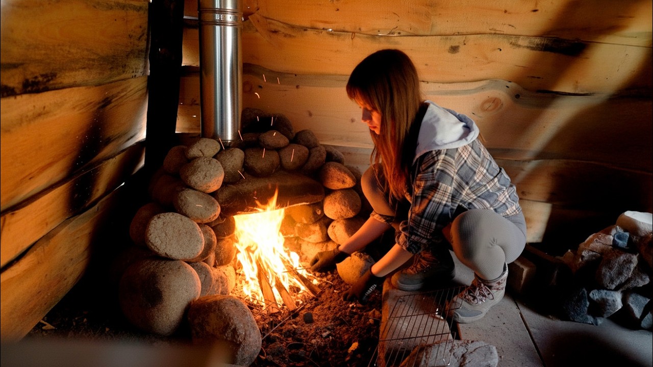 Girl Alone: Hand-Built Stone Stove in a Tiny Log Cabin | No Talking