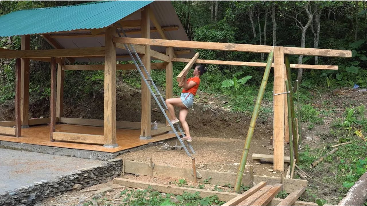 Building Kitchen Attached To The Main Wooden House - Building LOG CABIN Off Gird - Free Bushcraft