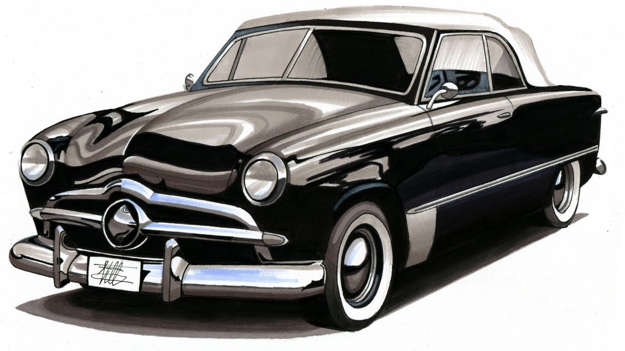 Realistic Car Drawing - 1950 Ford 76 Custom De Luxe Convertible Coupe - Time Lapse