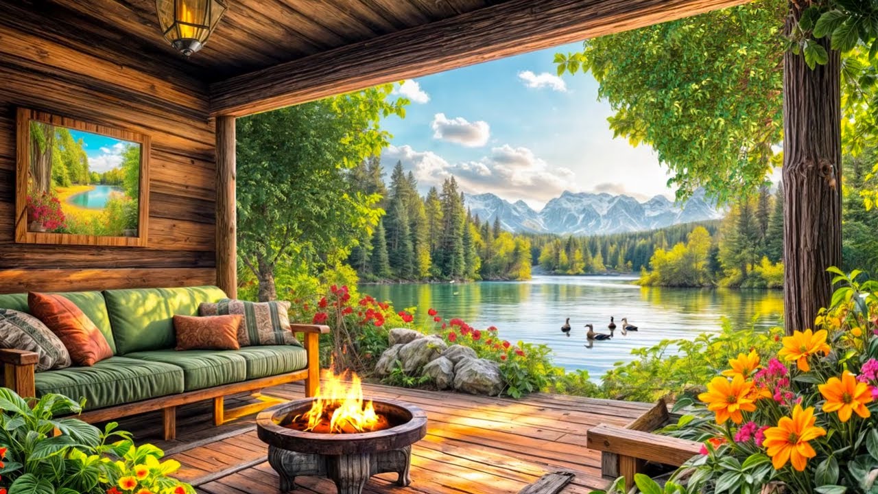Serene Lakefront Cabin Ambience | Crackling Fire, Singing Birds & Soft Forest Breeze