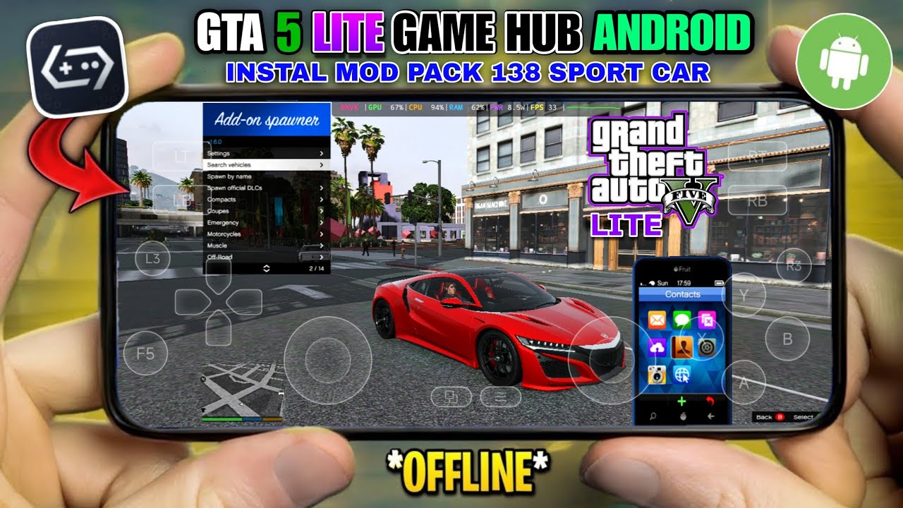 GTA V LITE ON ANDROID (16GB) INSTAL MOD PACK 138 SPORT CAR - GAME HUB SUPORTER MEDIATEK