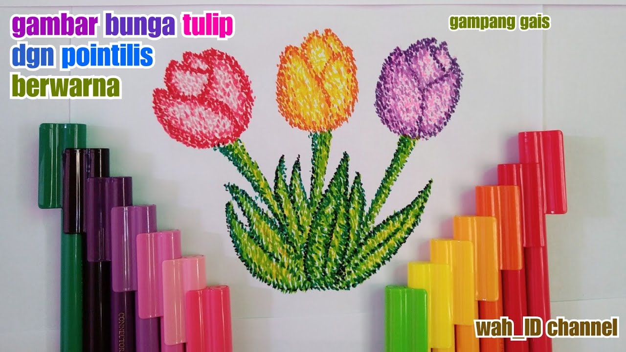 contoh gambar BUNGA TULIP dgn teknik pointilis || gambar pointilis menggunakan 