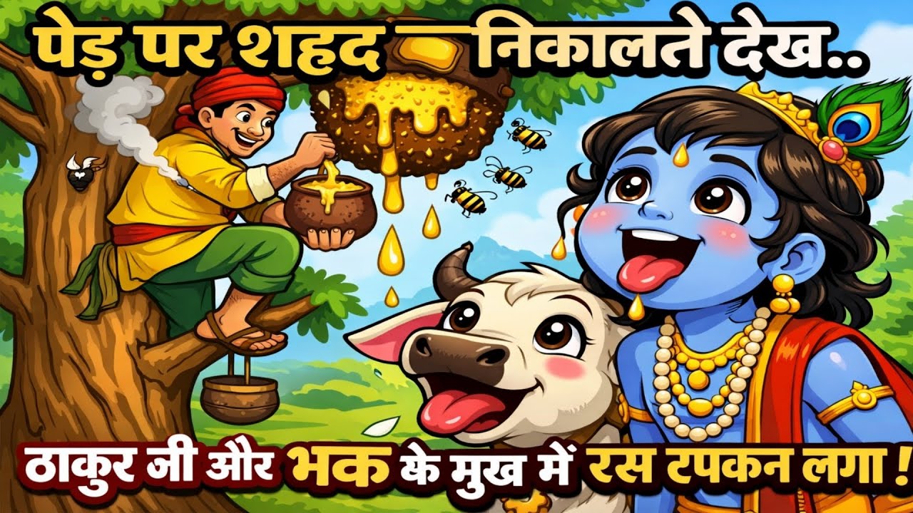 एक आदमी को पेड़ पर चढ़े कर शहद निकालते देखा ठाकुर जी और भक के मुख में रस टपकन लगा