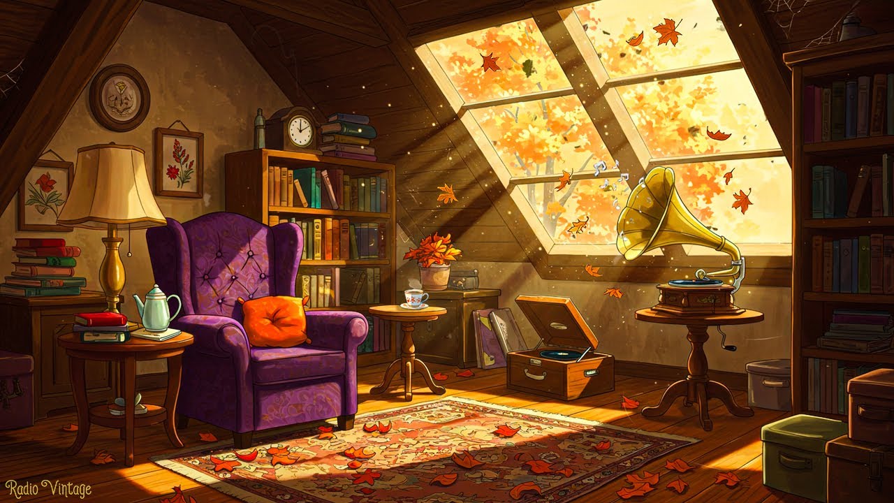 it's autumn 1950s attic reading nook | oldies playing in another room for unwind (fall ambience)