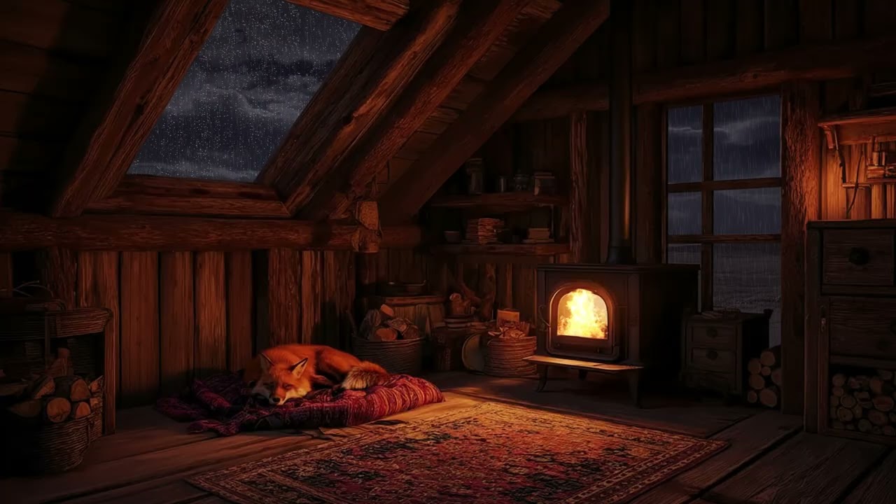 Cozy Gale Cabin Autumn Rain on Window & Crackling Fireplace for Deep Sleep | 3 Hours Ambience