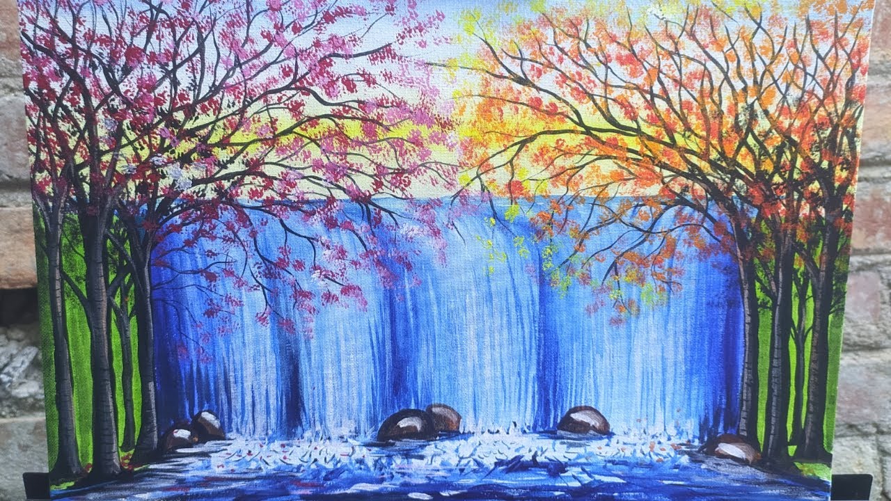 Easy Waterfall Landscape Painting tutorial for beginners || Live painting at Outdoor | Step By Step
