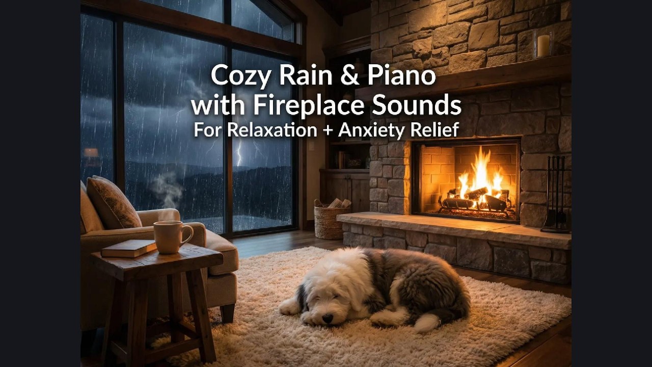 Cozy Rain & Piano with Fireplace Sounds for Relaxation + Anxiety Relief