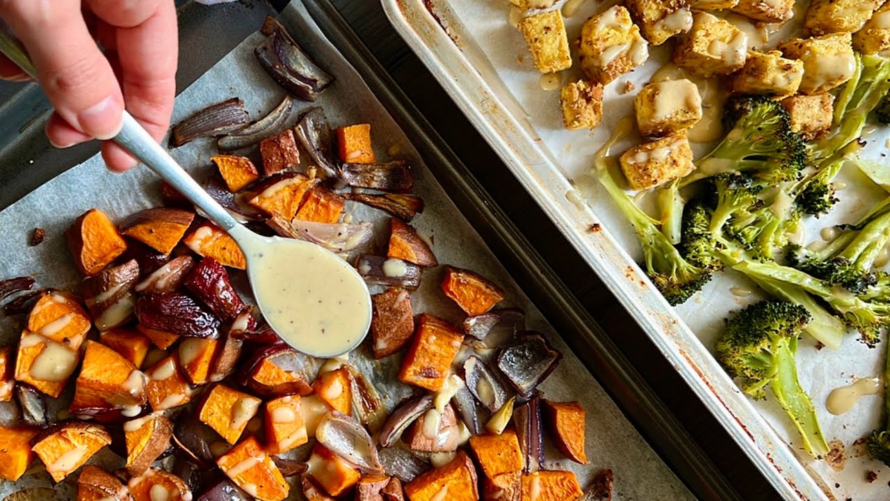 One-Sheet Tofu Dinner with Sweet Potato and Veggies Quick & Healthy! | Essy Cooks