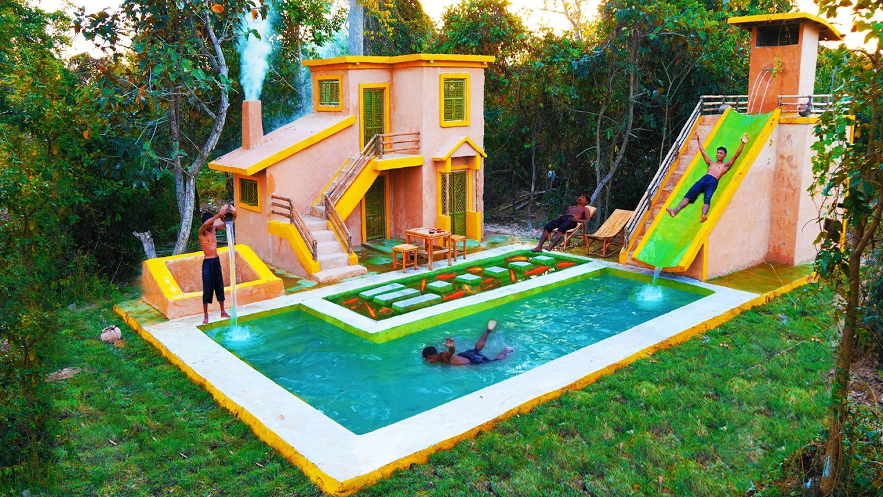 How To Build Creative Mud House With Swimming Pool & Water Slide Park Living In The Forest