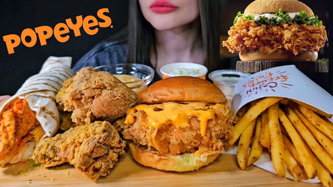 POPEYES FAST FOOD | FRIED CHICKEN, BURGER, CRISPY SANDWICH | ASMR MUKBANG