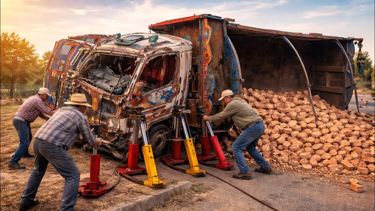 Overloaded Brick Truck Loses Brakes, Crashes onto Sidewalk — Axle and Suspension Snapped