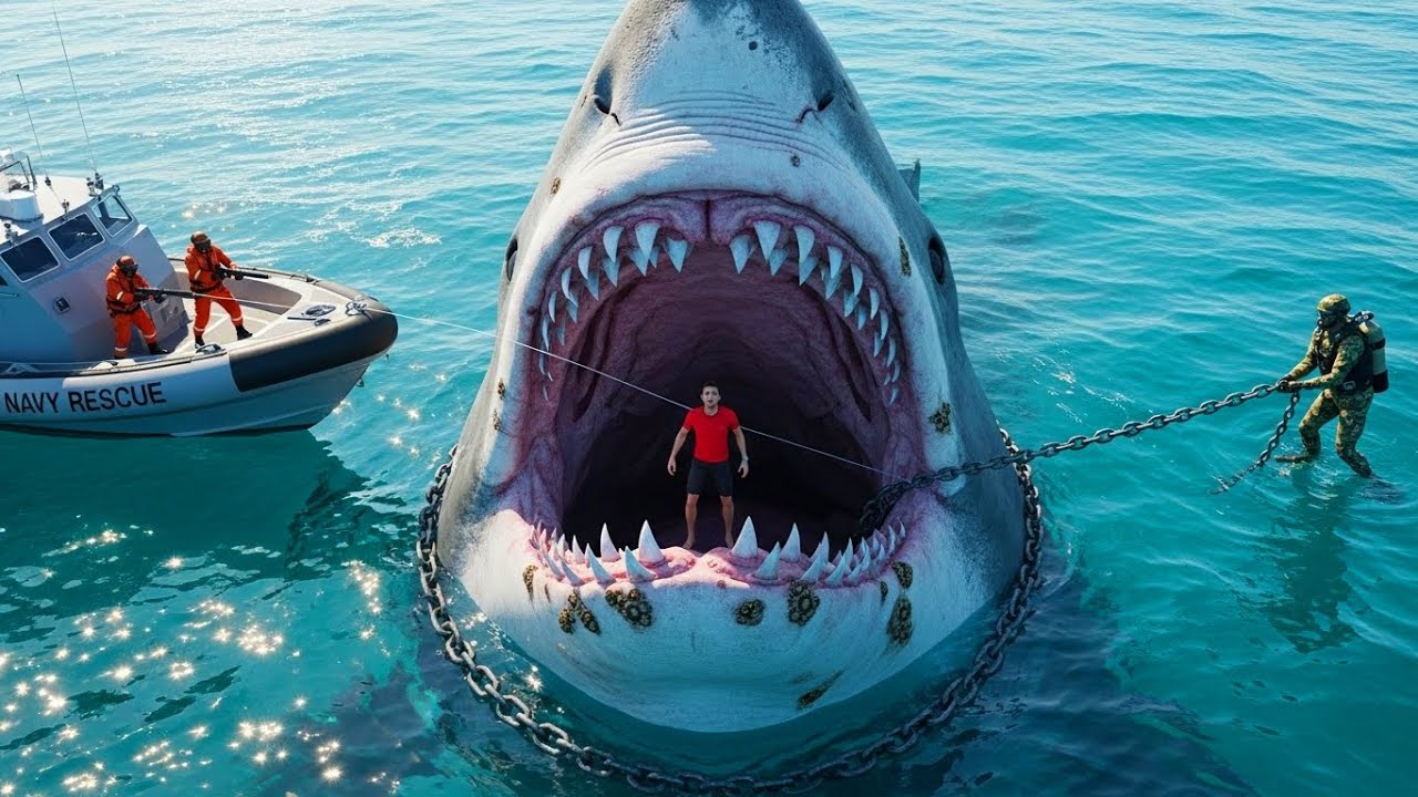 Emergency at Sea: Navy Heroically Rescues Fishing Crew from a Giant Mutant Shark Attack.