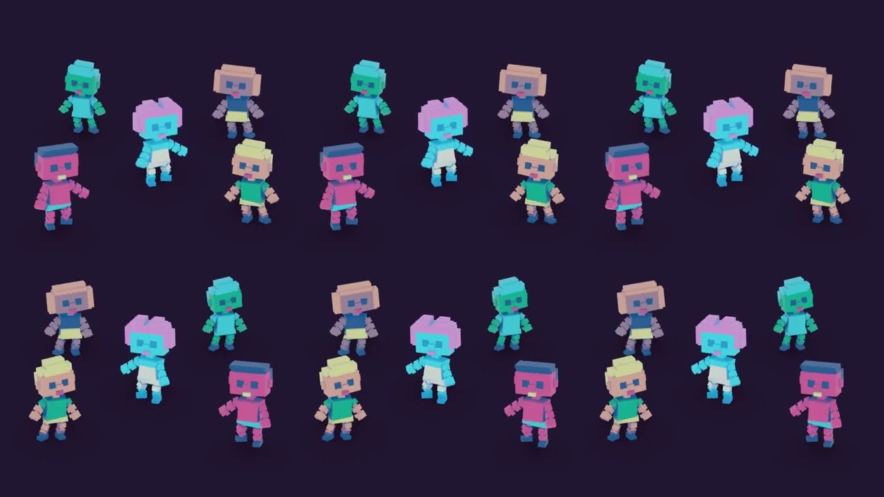 Cute voxel 3D characters animation