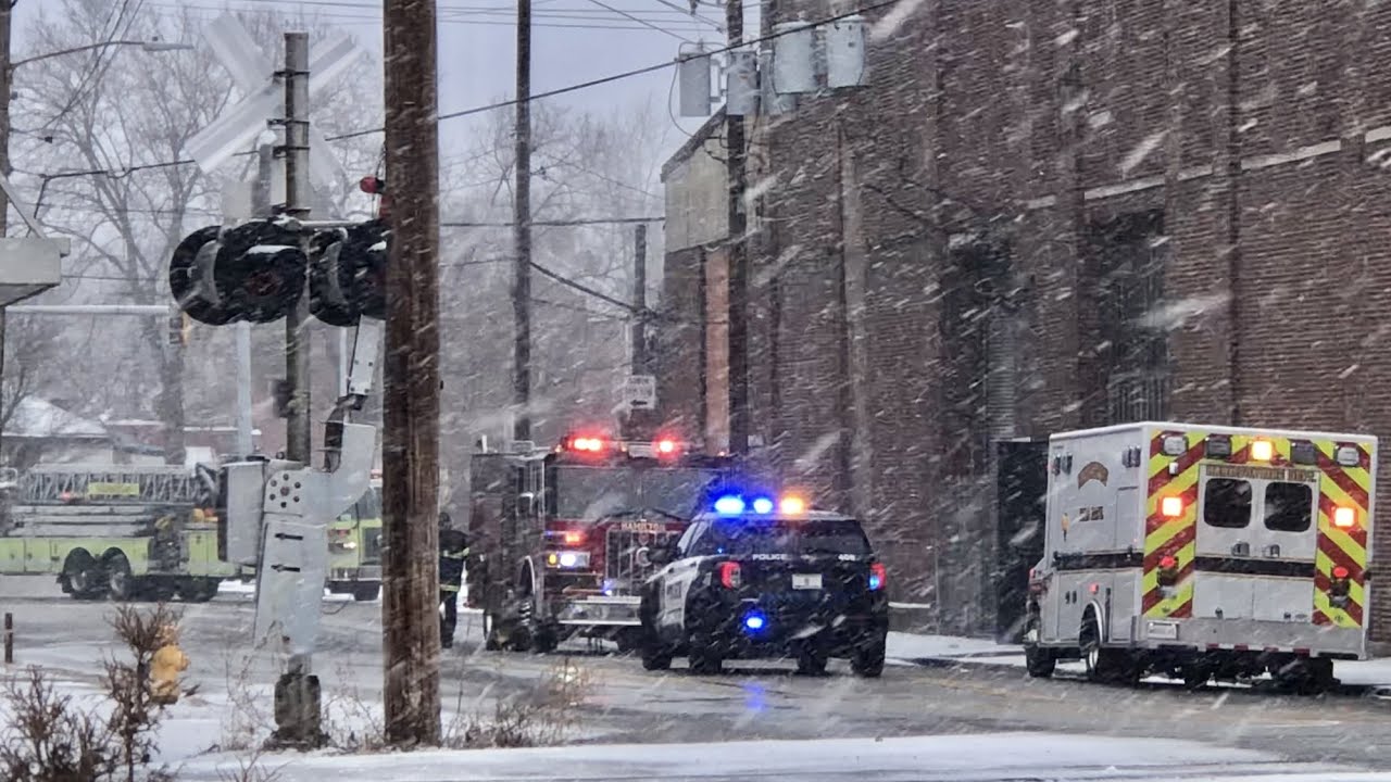 Building On Fire With Train Passing In Heavy Snow!  Locomotive Shoving Rear Over Track Heaters CSX!
