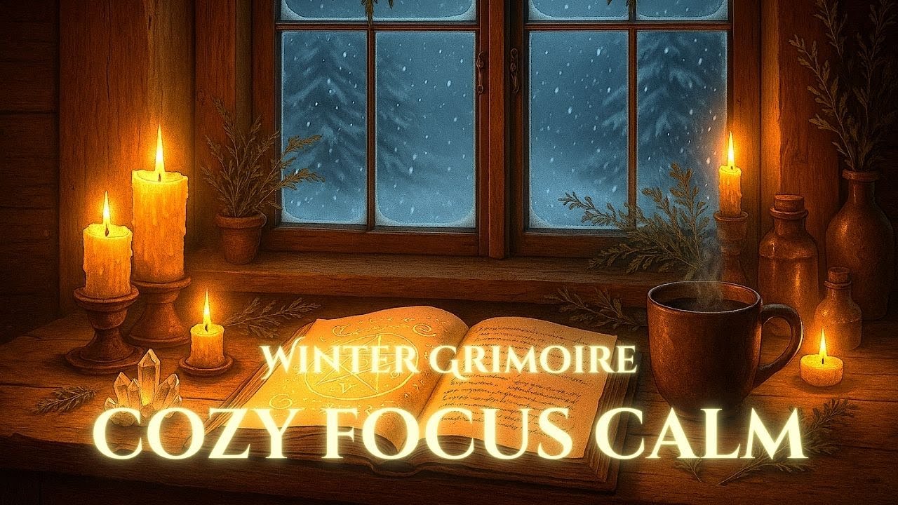 Winter Grimoire Writing Ambience  Cozy Witch Cottage Desk, Snowstorm & Candlelight