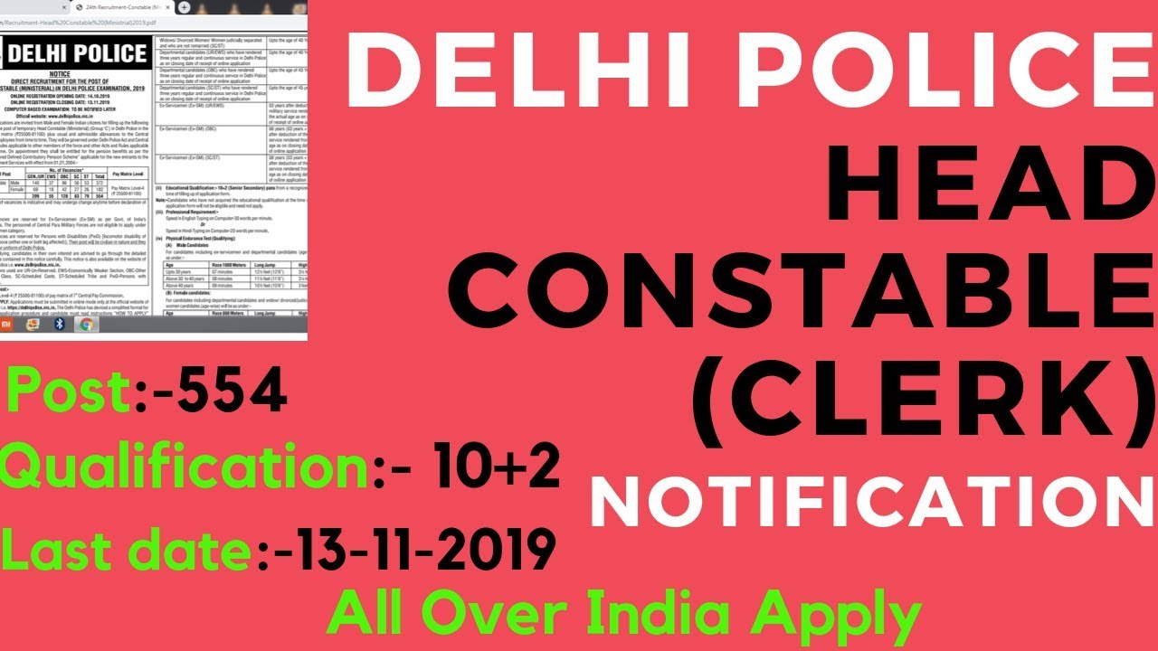Delhi Police head Constable 2019 Notification | Delhi police 2019 | Delhi police notification