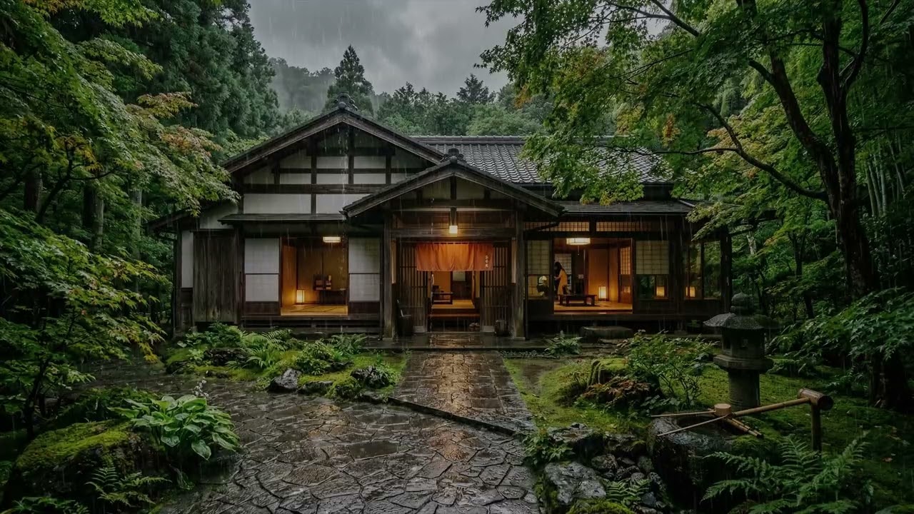 Peaceful Rain 🌧️ Falling Across A Japanese Garden Outside A Traditional Wooden House 🎋