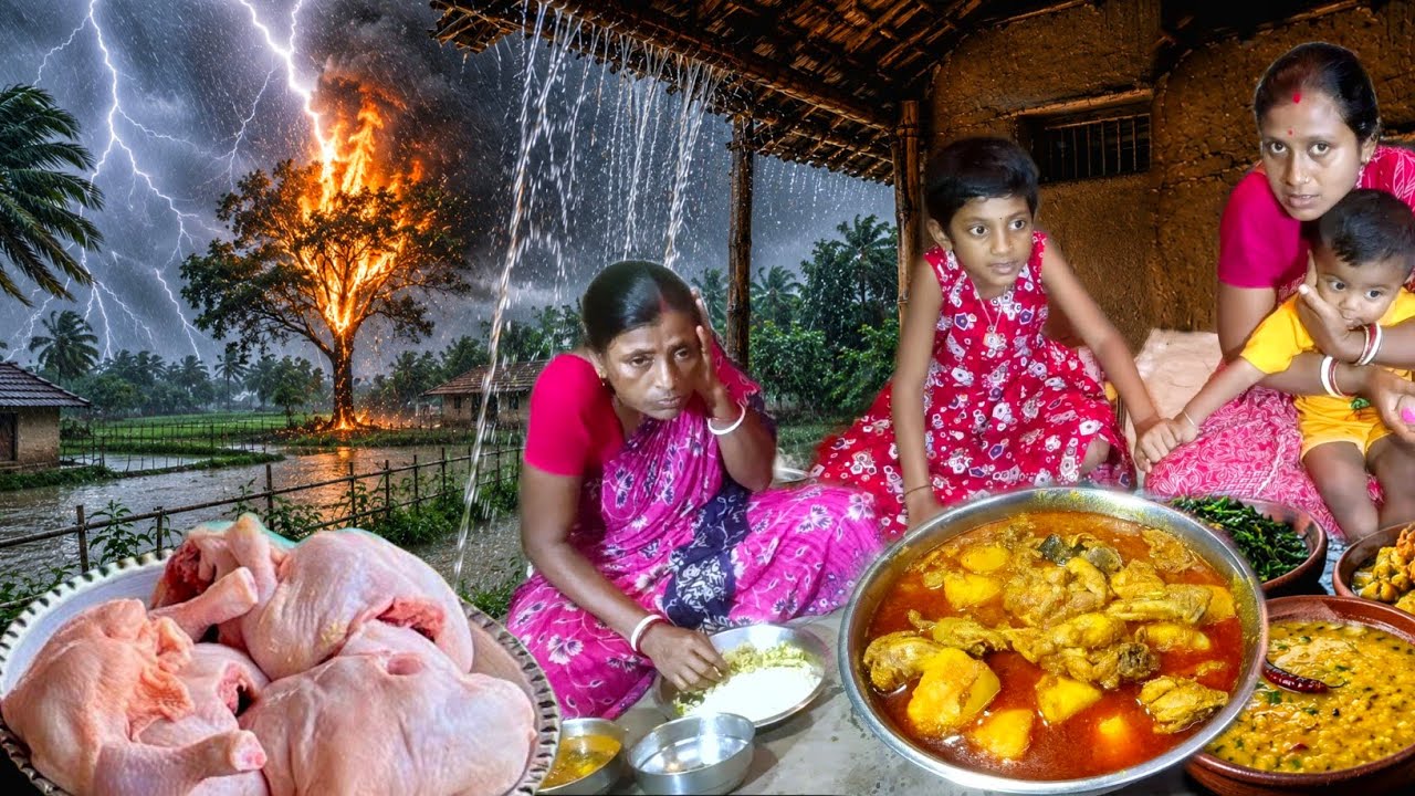 Cooking in Heavy Rain & Terrifying Thunderstorms | Authentic Village Style Chicken Curry 
